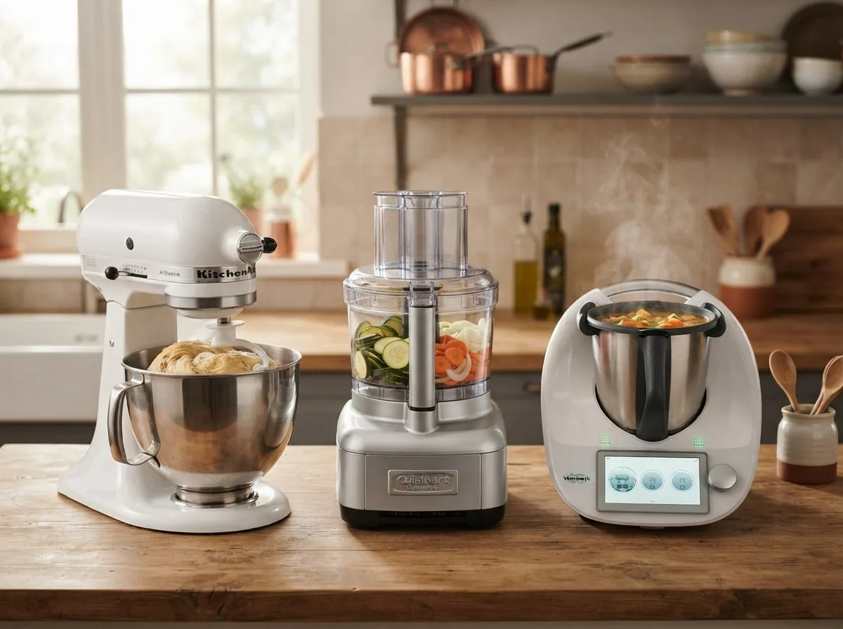 Una planetaria, un food processor e un robot con cottura affiancati